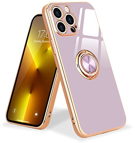 Urarssa Magnetic for iphone 13 Pro Case with Ring Holder Kickstand, Purple | 360 Degree with Rotation Magnet Car Mount Holder Slim Soft Silicone TPU Bumper Electroplated Edge Shockproof Phone Cover