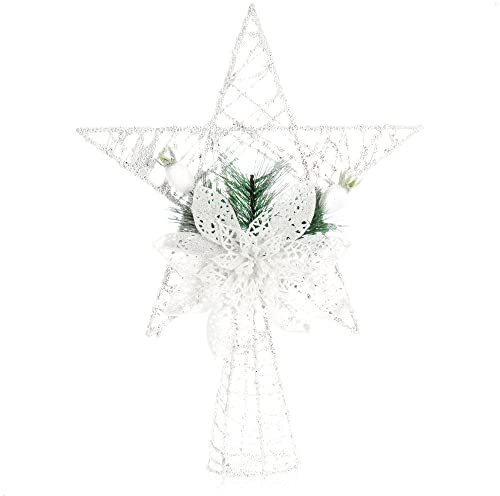 com-four® Deco Star Christmas - Decoración Navideña Estrella de Metal con Deco - Estrella de Navidad Blanca de pie con Aguja de Pino, Flor y Bayas