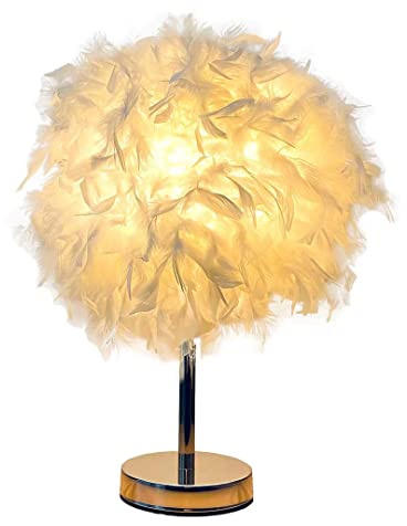 GUANSHAN Kugelweiße Feder-Tischlampe Nachttischlampe mit Goldsockel Feder-Tischleuchte Schreibtisch-Lampenschirm für Schlafzimmer, Heimdekoration, Fotografie-Requisiten