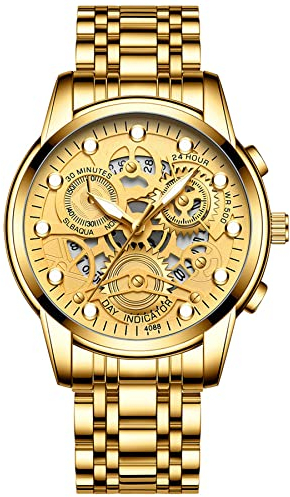 JewelryWe Herrenuhr Quarz Analog Armbanduhr 30M Wasserdicht Gold Edelstahl Armband Business Causual Uhr mit Kalender und Leuchtend Zeiger Vatertagsgeschenk
