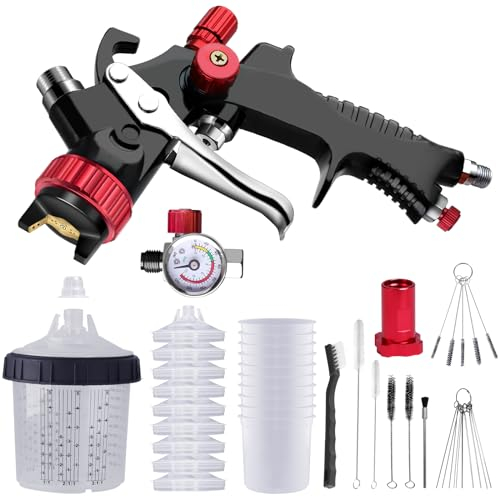 Aflybltol Hvlp Spray Gun, Automotive Paint Spray Gun Kit with Pressure Gauge, 1.3mm Nozzle, 10 Disposable 600ML Cups for Car, Furniture, Fence Painting