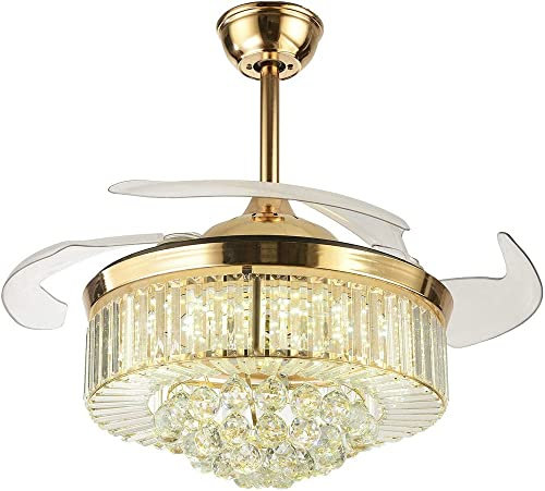 ZXCAQD 42 Crystal Invisible Chandelier Ceiling fan Light - Modern Luxury Style fandelier Home LED Hanging Lamp, 4 Retractable Blades 3 Colors/Speeds Silent Motor W/Remote Control, 41W(Gold)
