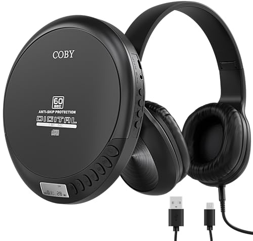 Coby Portable CD Player with MP3 Playback & FM Radio, 60-Second Anti-Skip Protection, Foldable Wired Headphones, Compact Retro Discman Music Player for Home, Car, Travel & Seniors – Clear Stereo Sound