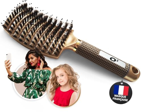 O³ Brosse Cheveux Démêlante Or - NE TIRE PAS - Femme & Enfant | Poil de Sanglier 100% Naturel - Tous Types de Cheveux - Brushing, Sèche-Cheveux, Anti-Frisottis - Pour démêler en douceur !