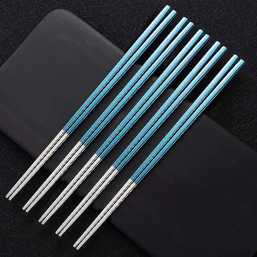 bacchette coreane Bacchette riutilizzabili in acciaio inossidabile, 5 paia di bacchette in metallo, bacchette cinesi in stile coreano in stile giapponese(Color:Blu,Size:)