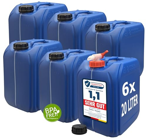 plasteo® Juego de 6 bidones de agua de 20 L, color azul, incluye tapa y 1 grifo, sin BPA, apto para alimentos, camping, para interior y exterior, fabricado en Alemania