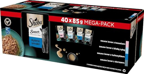 Sheba Sauce Collection Frischhaltebeutel, Nassfutter, Fischauswahl für ausgewachsene Katzen, 4 Sorten, 40 x 85 g