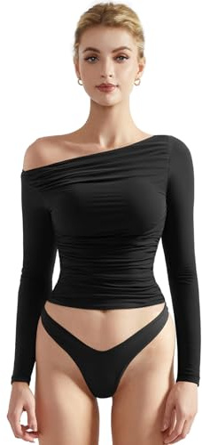 SUUKSESS Women Off Shoulder Long Sleeve Shirts Double Lined Fitted Crop Tops Y2K Tight T Shirts (Black,XS)