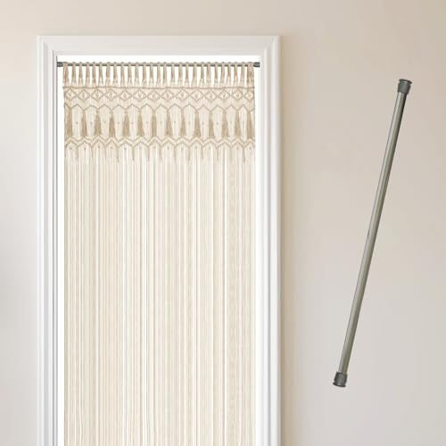 Cozyor Makramee Türvorhang 132x200cm + Klemmstange 70-120 cm ohne Bohren Türvorhang Fenstervorhang Raumtrenner, Wandbehang & Deko beige Silber, Hochzeit, Balkon Handmade