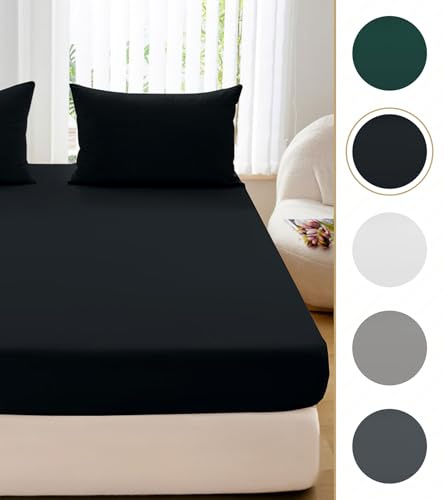 Cotton Market Spannbettlaken 160x200x25 cm - Bettlaken mit Gummiband - Spannbetttücher für Schlafzimmer - Jersey Bettlaken - Baumwolle Spannbettlaken - Schwarz