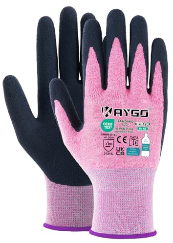 KAYGO Guantes de trabajo recubiertos de látex para mujeres transpirables, 12 pares de guantes hortícolas de poliéster reciclado, KGE19L (Rosa, XS, talla 6)