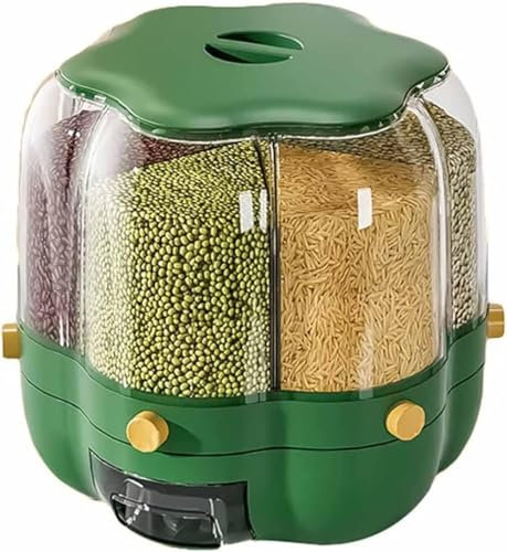 6-Grid Round Rice Dispenser 360° Rotating Food Bucket Transparent Rice Storage Container Rotatable Dry Food Fruit Cereal Storage Box Tank for Home Kitchen,Green,red,black