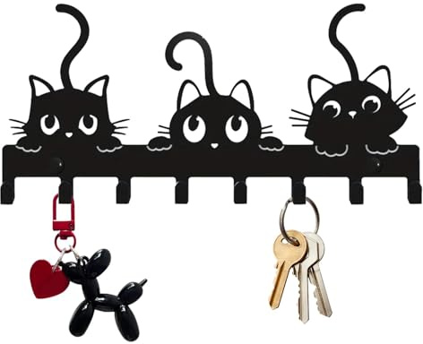 Gungtj porte clef mural, porte clé chat, accroche clef mural, porte-clés mural, grands crochets à clés en forme de chat et de poisson pour décoration murale, porte-clés en fer avec