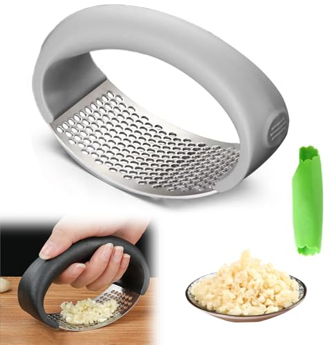 Garlic Crusher, Stainless Steel Garlic Press Crusher, Garlic Peeler Garlic Press Rocker Garlic Grater, Portable Manual Heavy Duty Garlic Chopper, Garlic Mincer for Household Kitchen Utensils (Grey)