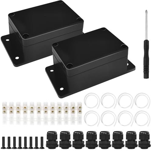 Celepoir 2 Pcs Black Waterproof Junction Box, Plastic IP65 Junction Box with Terminal Block & Cable Gland, Outdoor Electrical Junction Boxs, for Indoor & Outdoor Electrical Installations, 100x68x50mm