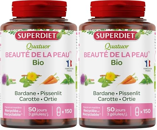 SUPERDIET - QUATUOR BEAUTÉ DE LA PEAU BIO - Bardane, Ortie, Pissenlit, Carotte -Phytothérapie -Fabrication Française - 150 gélules (Lot de 2)