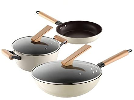 Olla para cocinar, sartén, Juego ollas, Wok, Olla para Sopa, Olla para Leche, Juego Chino 3 Piezas Hierro Fundido con Tapa para Cocina