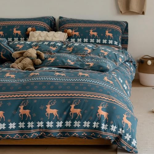 Freyamy Weihnachts Bettwäsche Set 135x200cm Blau Bunt Weihnachtselch Bettwaren-Sets Junge Mädchen Weihnachtsmotive Deckenbezug Mikrofaser Kinder Bettbezug mit Reißverschluss und Kissenbezug 80x80cm