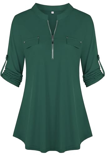 Lalala Damer V-ringad 3/4 ärm blus enfärgad rutig skjorta dragkedja tunika toppar lång skjorta t-shirt, A_mörkgrön 2, M