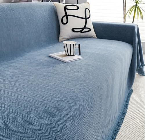 Home Couvre Canapé avec Franges, Couvre Lit Imperméable, Multifonction Jeté De Canapé Grande Taille, Plaid Chevrons, Couvre-lit Por Canape À Housse, Jeté De Lit Ou Jeté De Canapé(Blue,180cm x 130cm)