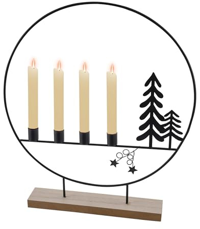 Metall Advents Kerzenständer Ring schwarz mit Schattenbild - 46 cm - Kerzenleuchter für 4 Stabkerzen mit Tannen Silhouetten - Tafelkerzen Halter Deko Aufsteller für Weihnachten
