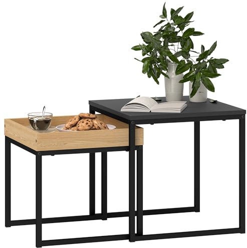 HOMCOM Couchtisch 2er Set Satztisch Beistelltisch mit Stahlgestell Wohnzimmertisch Kaffeetisch Sofatisch für Wohnzimmer Schlafzimmer, Schwarz+Eiche