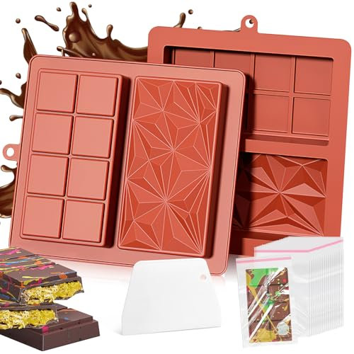 Molde de Chocolate Silicona 2 Piezas Dubai Tableta con Molde Turron Antiadherente Profundo, Rascador y Bolsas para Bombones Caramelos