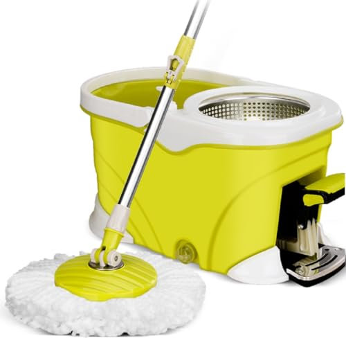 JUNYFFF Mop Easy Wring & Clean con Secchio A Pedale, Manico Telescopico da 95-125 Cm, con 2 Testine in Microfibra E 360° Spin Mop, Adatto A Tutti I Tipi di Pavimenti,Giallo