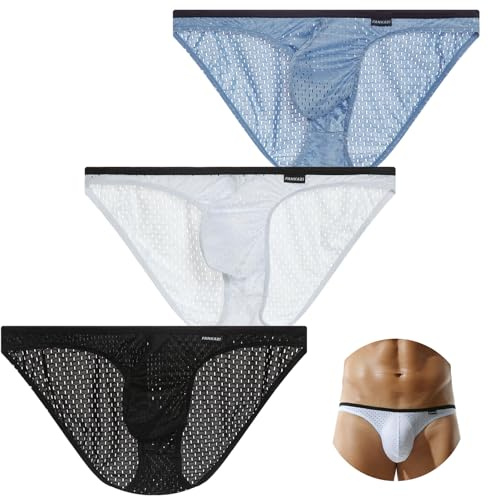 AIEOE Ropa interior de malla para hombre, paquete de 3 unidades, transpirable, transparente, mini bragas de cintura baja, sexy, delgada, lencería para hombre, Negro-blanco-azul, XL