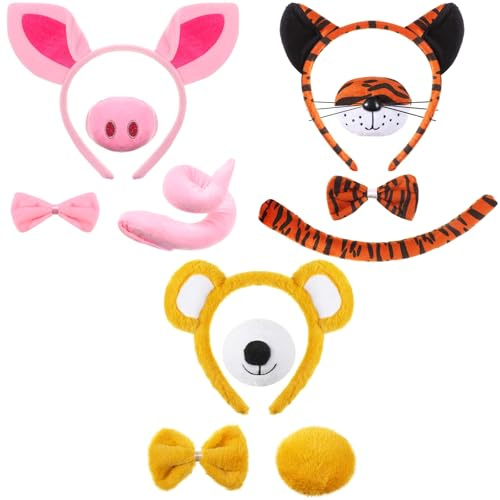 Hestya 3 Sets Tier Kostüm Zubehör Rosa Schwein Gelb Tiger Bär Ohren Stirnband Fliege und Schwanz Tierkostüm Set Cosplay Party Accessoires für Erwachsene Kinder Karneval Verkleidung