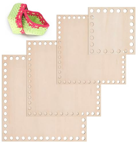 YUFFQOPC 4 Stück Korbböden zum Häkeln, 10/15/20/25cm Korbboden Aus Holz, Naturholzkorbboden Quadrat korbboden zum häkeln, DIY Korbboden Set für Korbflechten Liefert Basteln