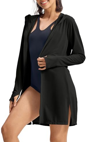 Rdruko Women's UPF 50+ Swim Cover Up Sun Protective Long Jacket Lightweight SPF Hoodie Bathing Suit Cover Ups for Women（Black，Large）