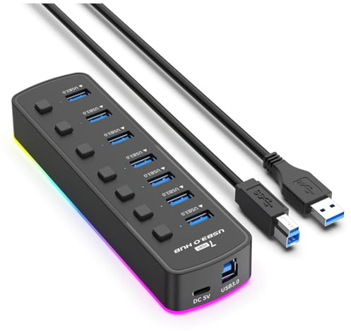 Jrifedptry Hub RGB USB 3.0 7 puertos USB adaptador de puerto USB de 5 Gbps, interruptor individual de encendido/apagado, divisor para juegos, concentrador USB para computadora portátil
