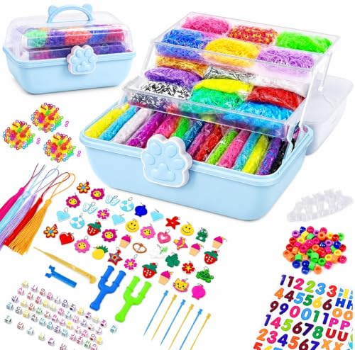 Crafties 17000+ Pcs DIYLoom Band Kit - 32 Vibrant Colors Rubber Loom Bands, Bracelet Making Set with Loom Board & Craft Storage Box for Kids, Girls, Boys (Blue)