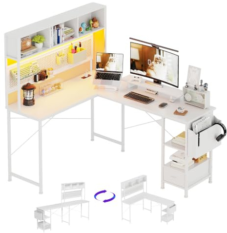CAIYUN L Shaped Desk, 58 Computer desk with Storage Shelves, Reversible Gaming Desk with Power Outlet, Corner Desks for Home Office, Study, White