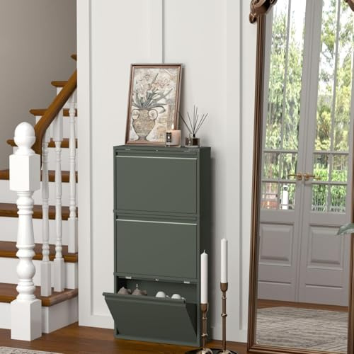 VEEHAUS Schuhregal, schmal, hoch, Schuhschrank, mit magnetischem Deckel, Wandmontage, aus Metall (Zementgrau, 3 Klappen)