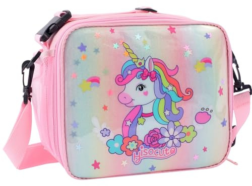 KEAIDUO Borsa termica per il pranzo con unicorno, per bambine, alla moda, con tracolla regolabile, per scuola, asilo, unicorno rosa