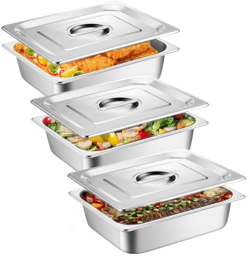 GOMETY Lot de 3 bols à panure, récipients GN 1/3 en acier inoxydable avec couvercle, lot de 3 bols pour paner, idéal pour les plats et les plats à frire 32,5 x 17,6 x 6,5 cm