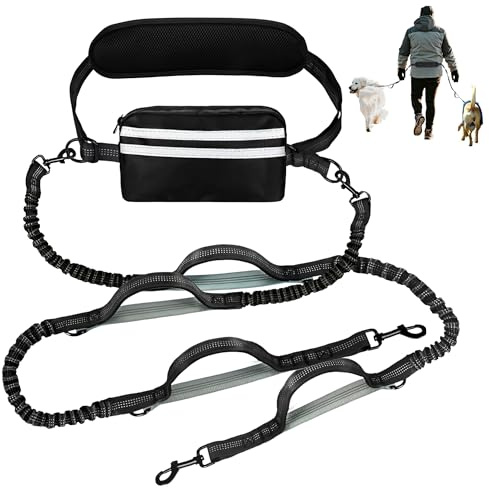 STFALI Guinzaglio da jogging con cintura addominale per 2 cani, regolabile a mano libera per cani di taglia media e grande, con catarifrangente elastico e doppia maniglia, adatto per jogging, corsa