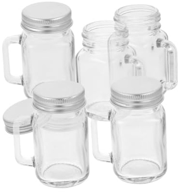 POPETPOP 6pcs Mini Jars Handles and Lids 60ml Airtight Glass Jam Containers Spice Storage Bottles for Drinks and Desserts, Suitable for Kitchen and Party Use