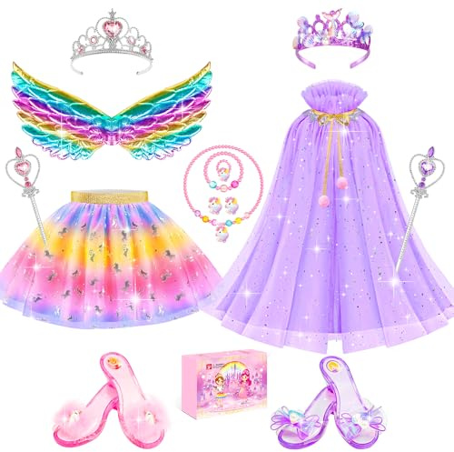 Jeowoqao Princess Dress Up Clothes for Little Girls, Dress Up Shoes Pretend Play Unicorn Mermaid Costumes, Tutu Skirt, Princesss Cape Crown Wand Accessories Toys Christmas Gifts for Girl Kids3 4 5 6