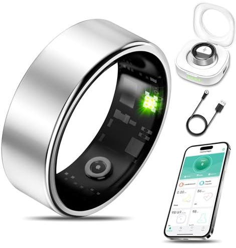 Smart Fitness Tracker Ring, Heart Rate/Oxygen/Blood Pressure Monitor, Sleep Tracker, Step Counter, IP68 Waterproof, Compatible with iPhone & Android, No Subscription (silver, 10)
