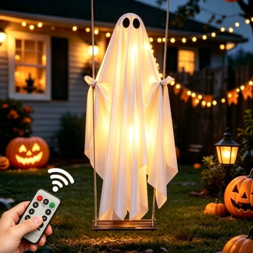 Halloween Deko Geist auf Schaukel, 120 cm Swinging Ghost mit 8 Modi LED Licht & Timer Fernbedienung, Leuchtende Schaukelnder Geist für Halloween Deko Outdoor, Garten, Veranda, Baum, Party (A)