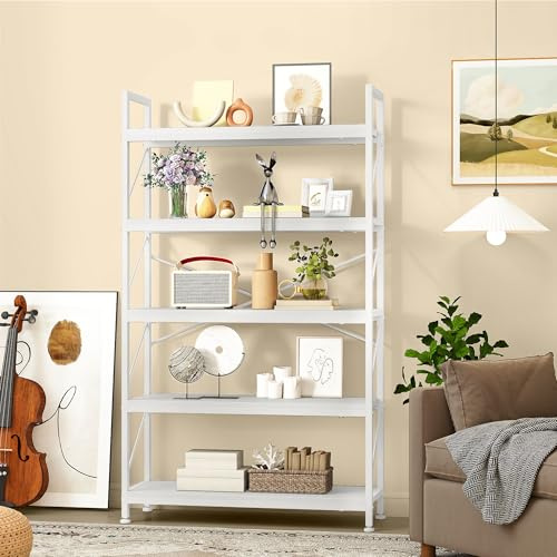 DWVO Tall Bookcase 5 Tiers, Industrial Book Shelf 80cm Wide 158cm High Large Book Case Wooden Shelf and Metal Shelving Unit Display Storage Rack for Living Room, Home Office, Pure White