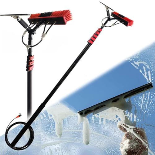 Asta telescopica per la pulizia delle finestre, 9 m, con dispenser di sapone e tergicristallo, spazzola da 35 cm, per pannelli solari, tetti e giardini d'inverno, set di pulizia versatile