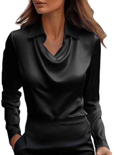Chemisier Femme - Satin - à Col Rond - Manches Longues - Chemisier Femme Chic et Élégante - Décontracté - Soie Shirts Tops - Chemisiers et Blouses Femmes de Travail de Bureau(Black,XL)