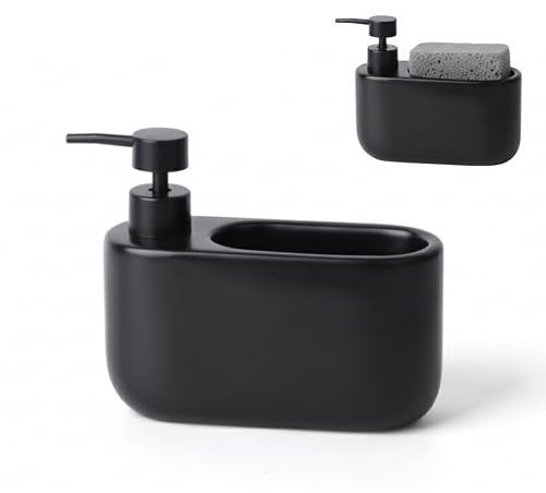 Kook Time Dispenser Disktvål Kök med Skumhållare 520 ml CURVE - Tvåldoser i Keramik och Avloppsorganisator. Kompakt Design. 18 x 7,3 x 15 cm - Matt Svart
