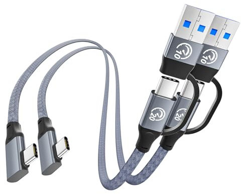 Cable Corto USBC a USBC en Ángulo Recto 0.3M 2Pack, Cable TipoC 3.2 Gen 2x2 | 20Gbps Cordón Cargador 3 en 1 240W USB A/C a USB C, Cordón Monitor Tipo C 5K/4K para iPhone 17/16, iPad, Galaxy S26 S25