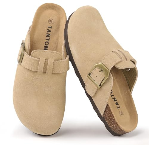 Zuecos unisex de ante, zapatillas de cuero antideslizantes para mujer y hombre con soporte de arco, zuecos de jardín para mujer con plantilla de corcho suave, talla 36-42 EU, caqui, 40 EU