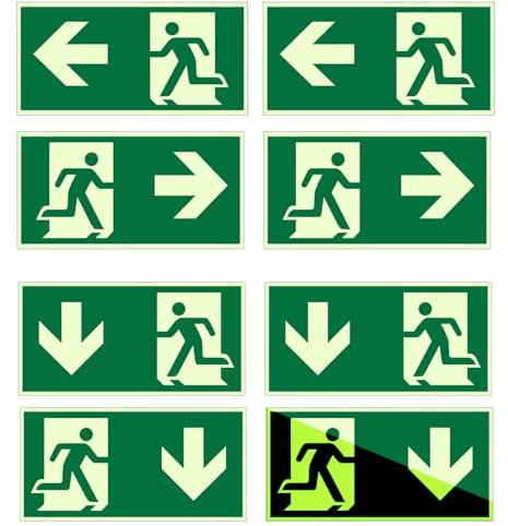 yivom 8 PCS Señal de Salida de Emergencia, Cartel Salida de Emergencia Homologado 300 x 150 mm PVC Flecha Luminiscente, Señal Evacuación Salidas para Hoteles, Escuelas-Verde
